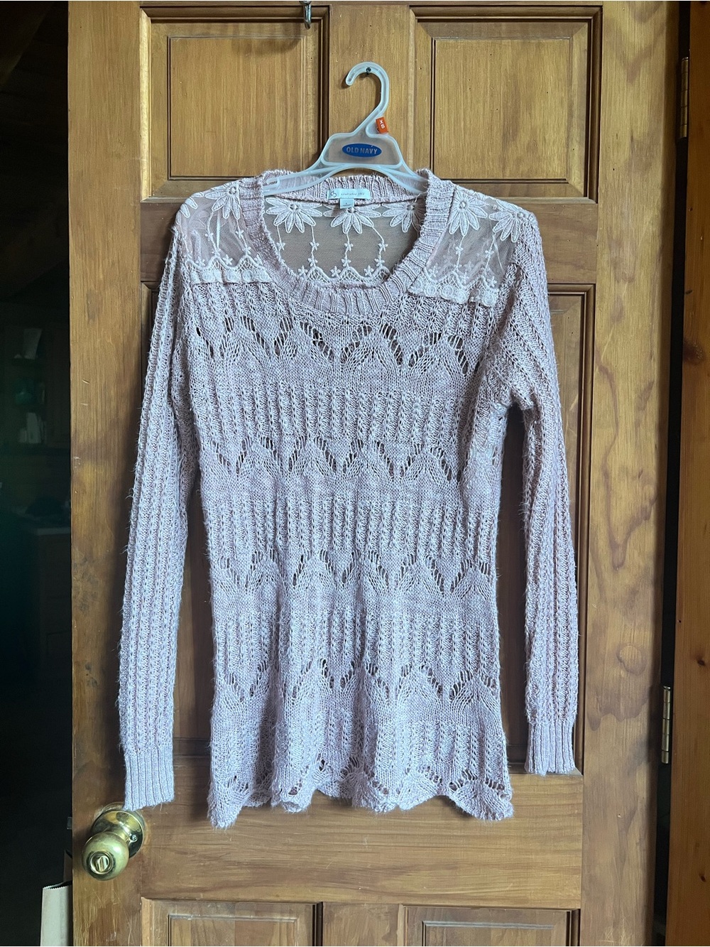 Delicate Lace-Back Open Knit Scoop Neck Sweater - Blush